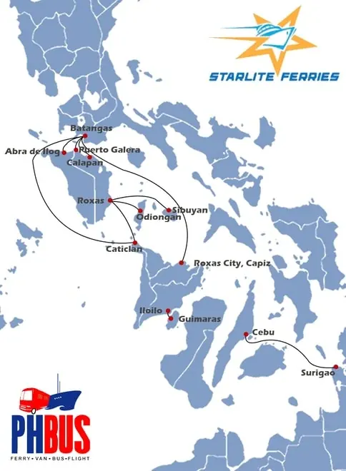 Sketch map of the Starlite Ferries network across the central Philippines, centred on Batangas